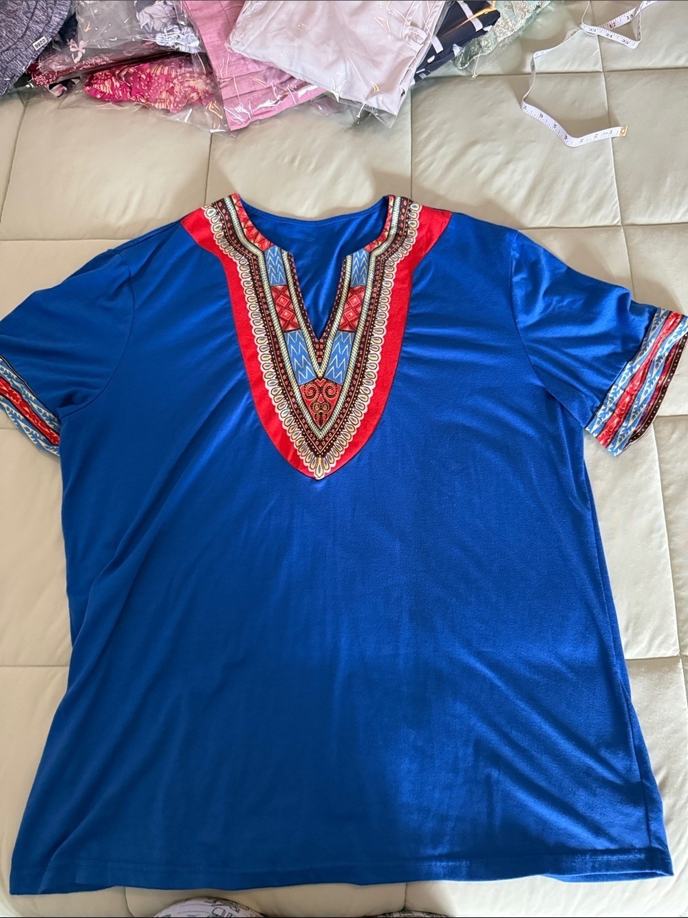 #0195 - Blue Dashiki-Style Short Sleeve Shirt with Red Trim - XXL